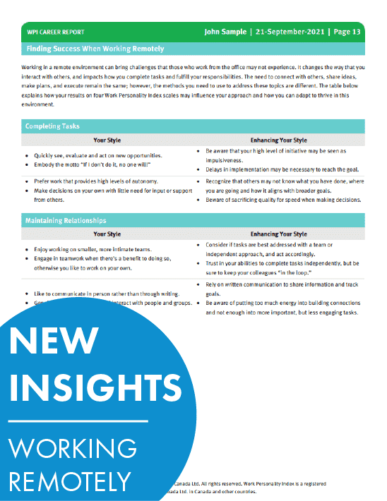 Work Personality Index Career Report Remote Work