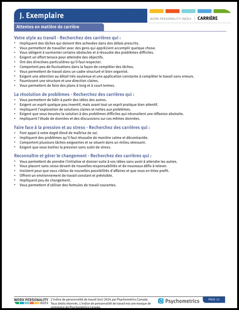 L’Indice de personnalité de travail Rapport de carrière