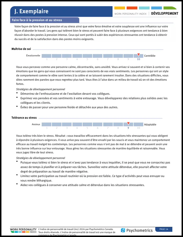 L’Indice de personnalité de travailMD L’Indice de personnalité de travailMD L’Indice de personnalité de travailMD L’Indice de personnalité de travail Rapport de développement