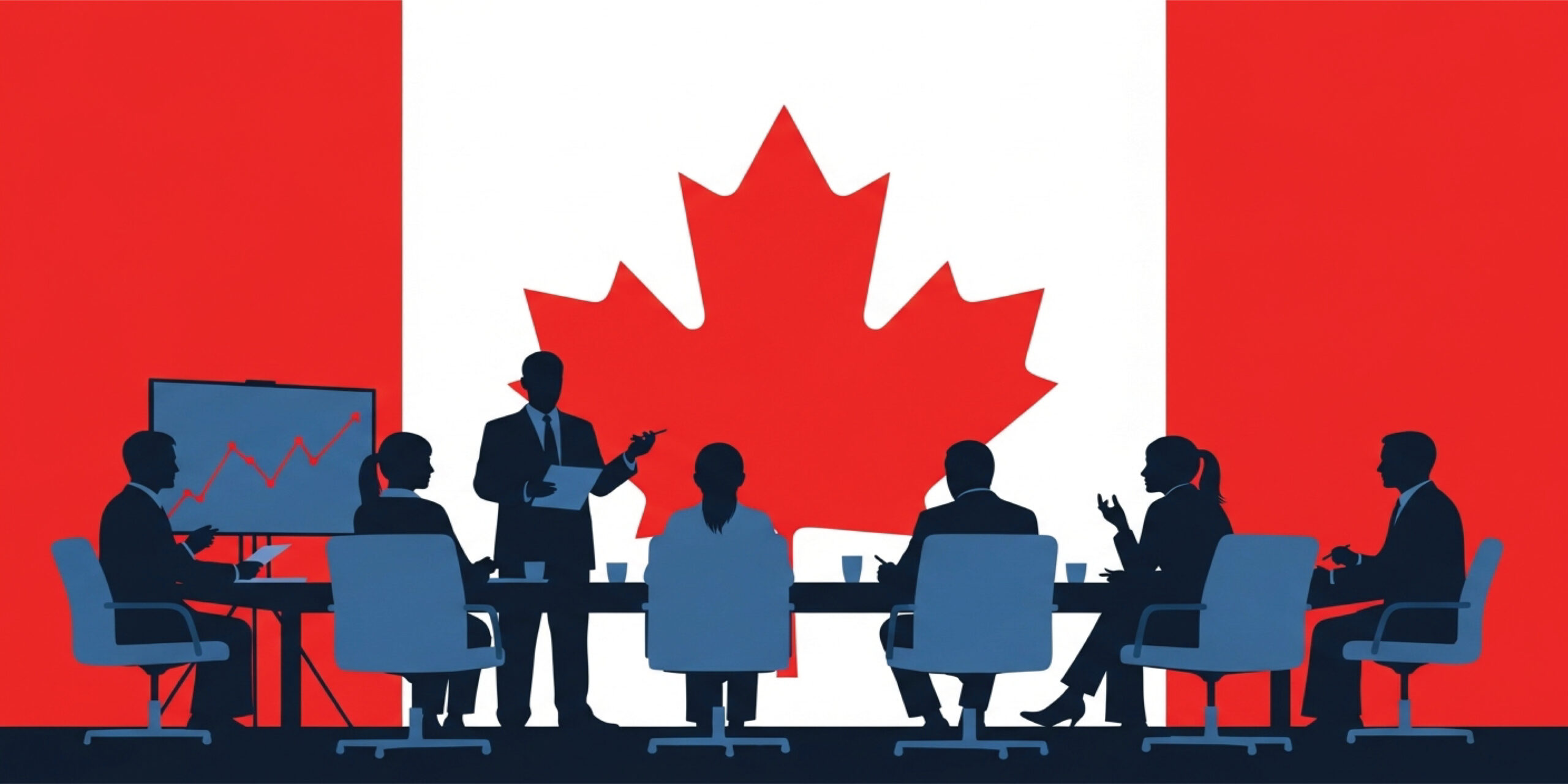 Canadian Business Meeting and Corporate Strategy Discussion Concept with Team of Professionals Analyzing Financial Charts in Front of Canada Flag Background