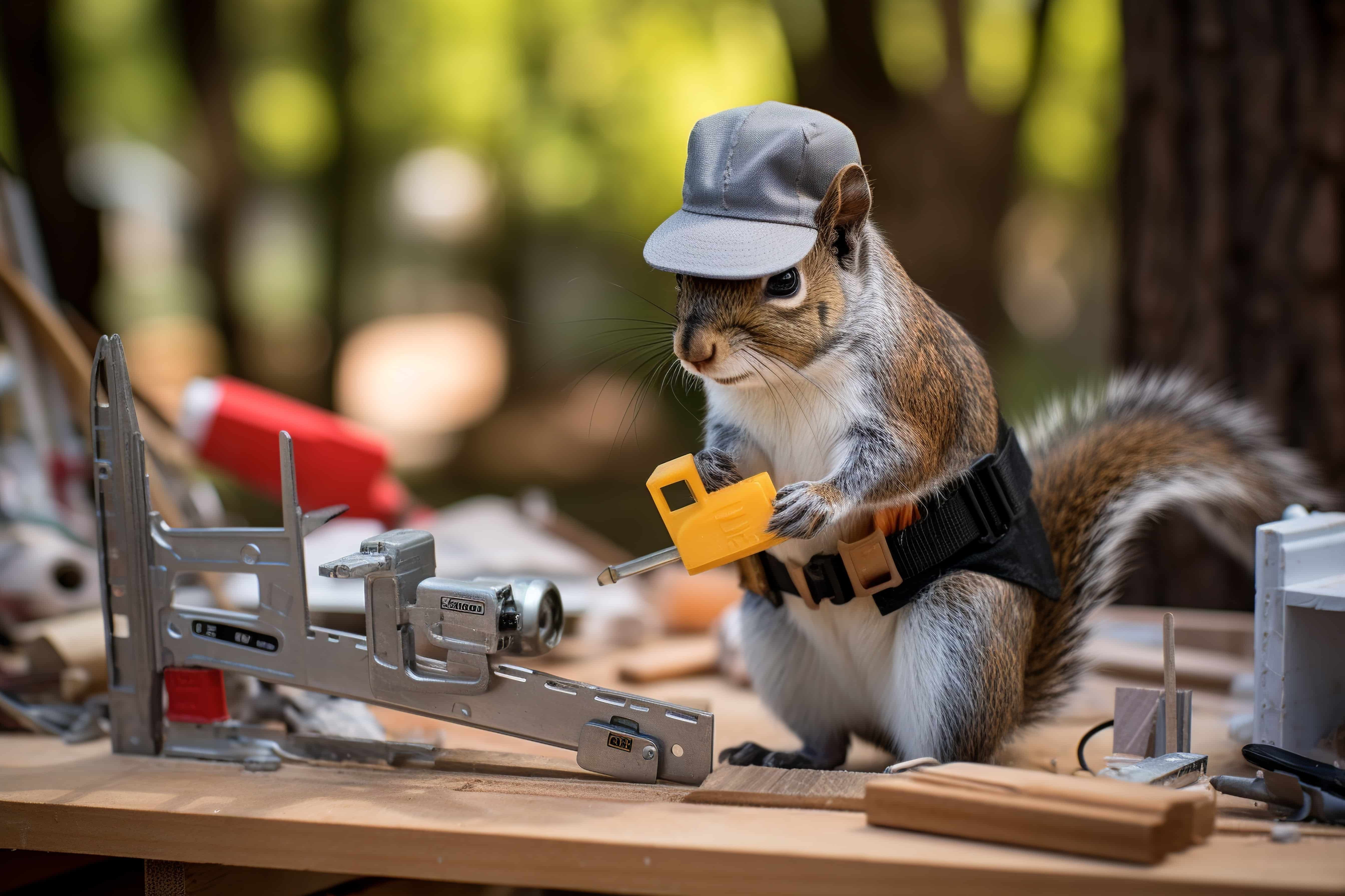 squirrel wearing hat using const4ruction tools