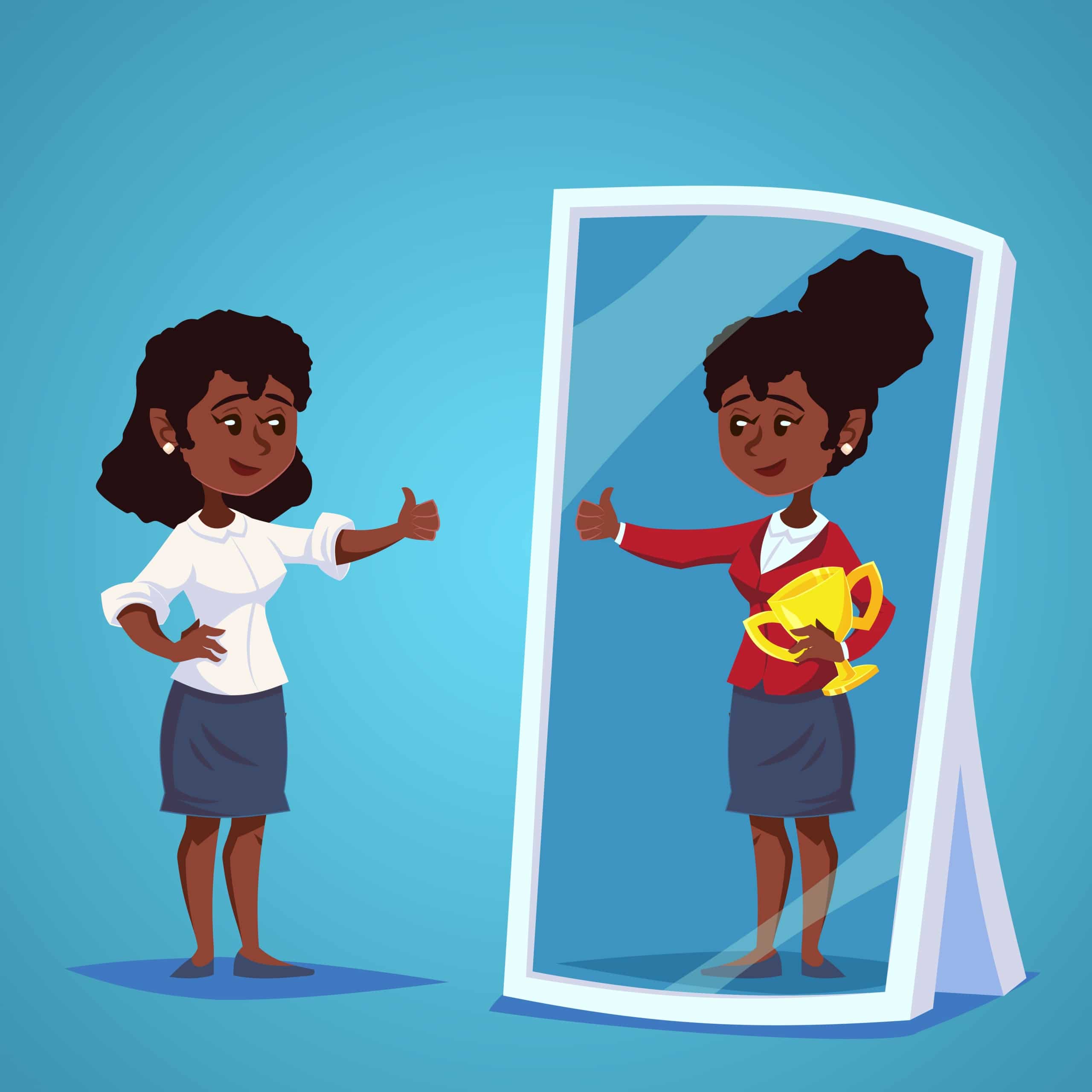 Young African-American Businesswoman standing in front of a mirror looking at her reflection and imagine herself successful