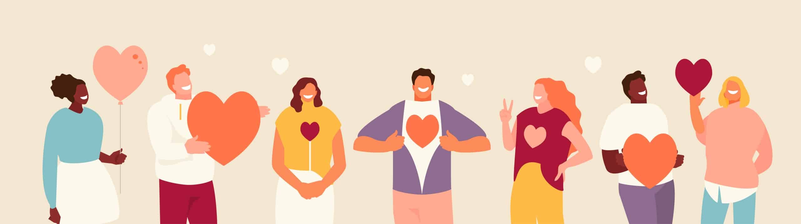 Illustrated people holding heart shape in hand