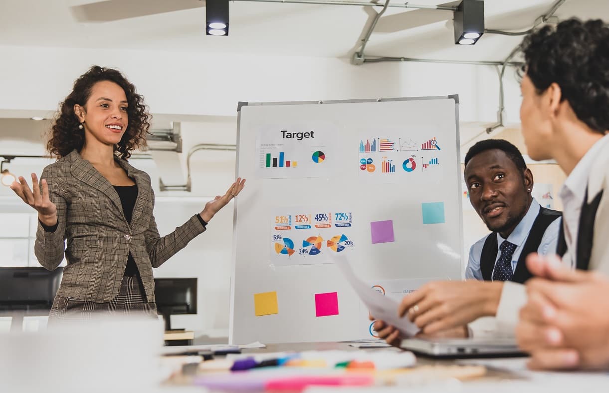 Woman leading meeting with notes on whiteboard